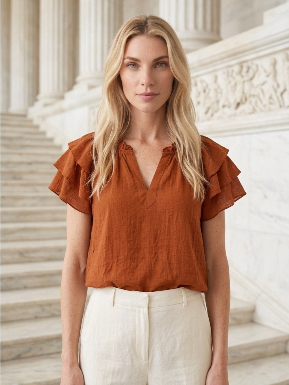 Nanette Lepore Women's Small Harvest Orange Layered Flutter Sleeve Blouse $58